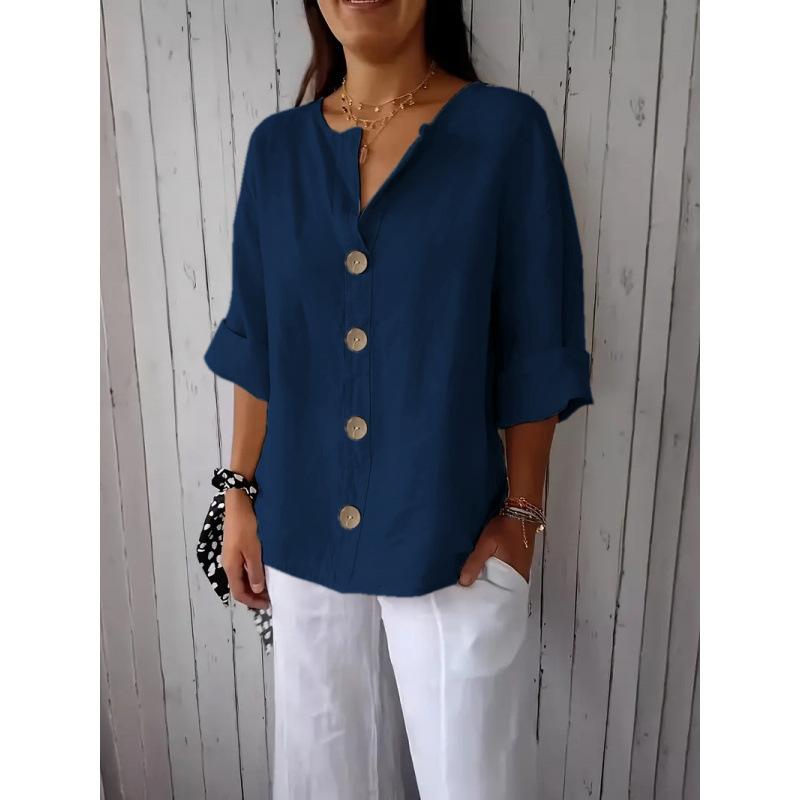 European American New Summer Loose T-shirts for Women V-neck Cotton Linen Button Tops