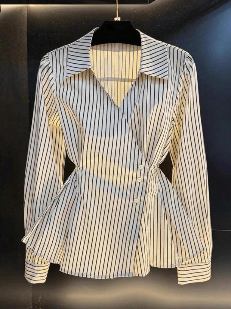 Women's Autumn 2025 Slimming Striped Long Sleeve Shirt with Irregular Waist-Cinching - Chic and Niche Style