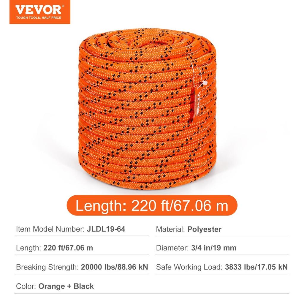 Arborist Tree Climbing Rope Double Braid Polyester 3/4" X 220' 24-Strand