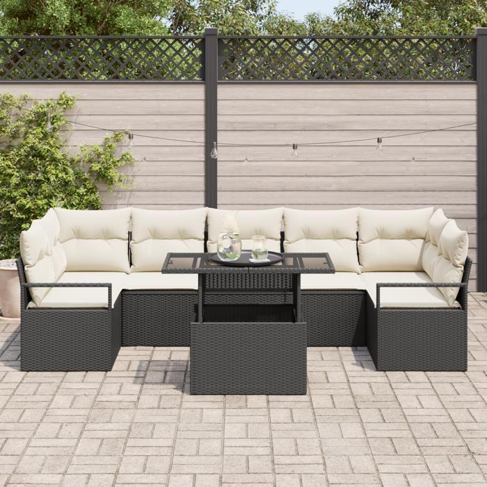Ensemble de canapés de jardin vidaXL 8 pièces avec coussins Noir Poly Rattan, Canapé de jardin 2 places vidaXL avec coussins 3348773