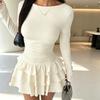 European and American new women's clothing autumn and winter solid color slim and thin temperament long-sleeved dress female apricot