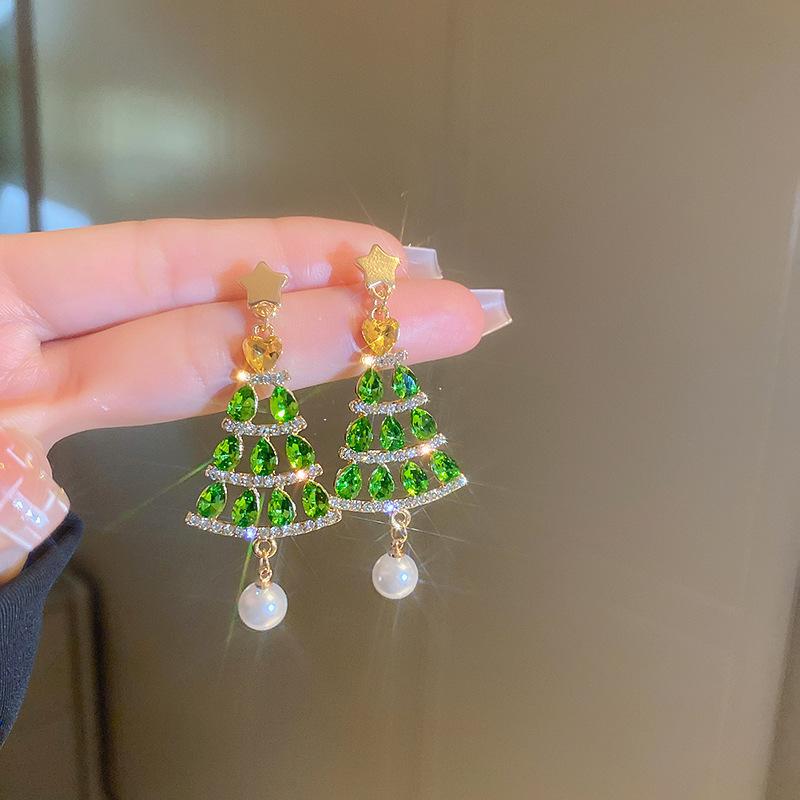 Silver needle red bow snowflake Christmas tree earrings European and American temperament earrings New Year's Christmas earrings women