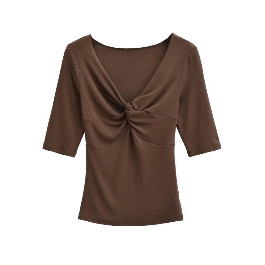 Kink V-neck Medium-sleeved T-shirt Women's Summer New American Spice Girl Style Solid Color Slim-fitting Slim Bottom Top