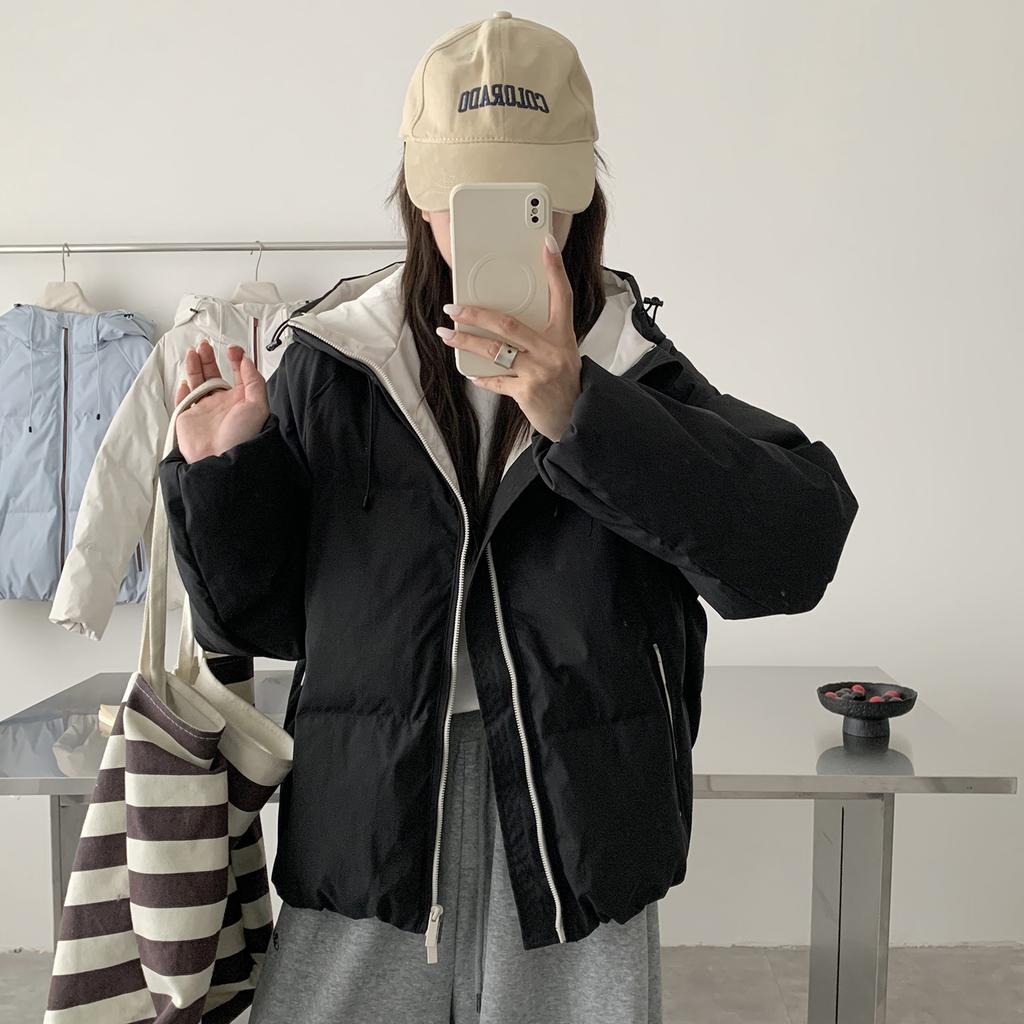 Down jacket women's winter short white duck down contrasting bread new couple hooded loose warm jacket