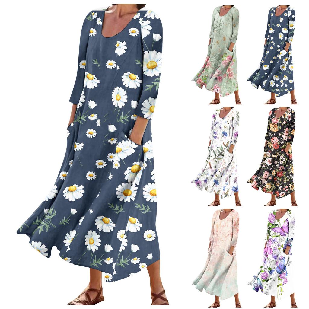 Women's Fashion Casual Print Round Neck 3/4 Sleeve Loose Pocket Dress