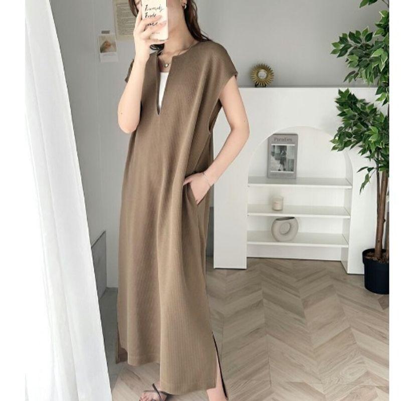

Summer V Neck Loose Front Short Back Length Dress Pullover Khaki L