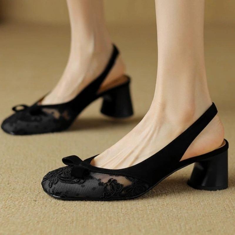 

2025 New Hot Pointed Toe Women Heels Sexy Air Mesh Lace High Heels Sandals Thin Heels Back Strap Hollow Party Heel Shoes 35