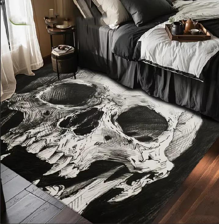 Home Living Room Carpet Gothic Personality Skull Print Floor Mat Non-Slip Foot Mat Flannel Super Soft Living Room Carpet