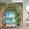 Chinese Style Garden Shower Curtains Green Bamboo Plants Arches Moon Door After Rain Landscape Polyester Bathroom Curtain Decor