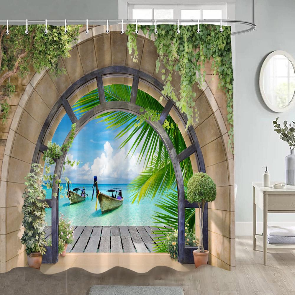 Chinese Style Garden Shower Curtains Green Bamboo Plants Arches Moon Door After Rain Landscape Polyester Bathroom Curtain Decor