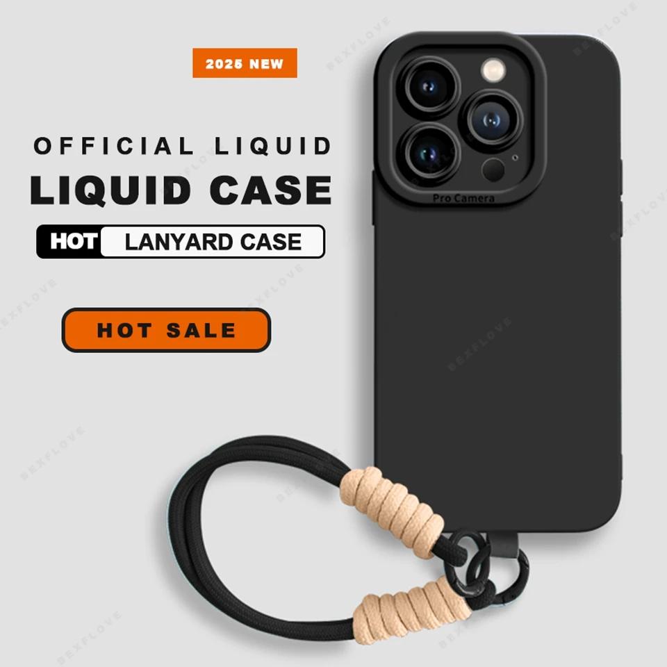 Lanyard Phone Case For iPhone 16E 16 14 15 Plus 12 13 Mini 11 16 Pro X XR XS Max SE Liquid Silicone Strap Protector Soft Cover