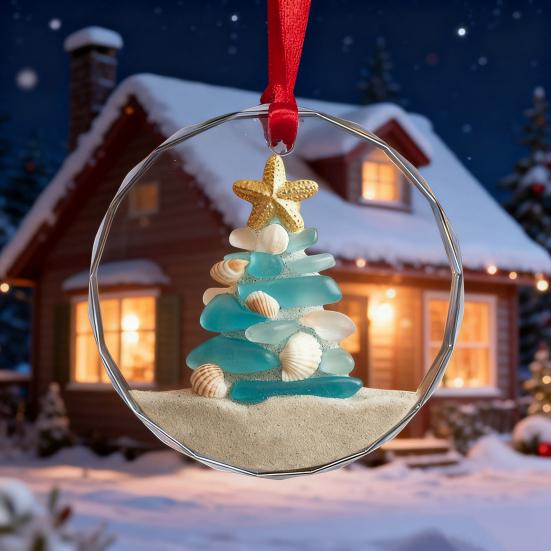 Sea Glass Christmas Ornaments Handcrafted Coastal Xmas Tree Ornament with Starfish Seashell Decor for Sea Lovers Holiday Party Decor