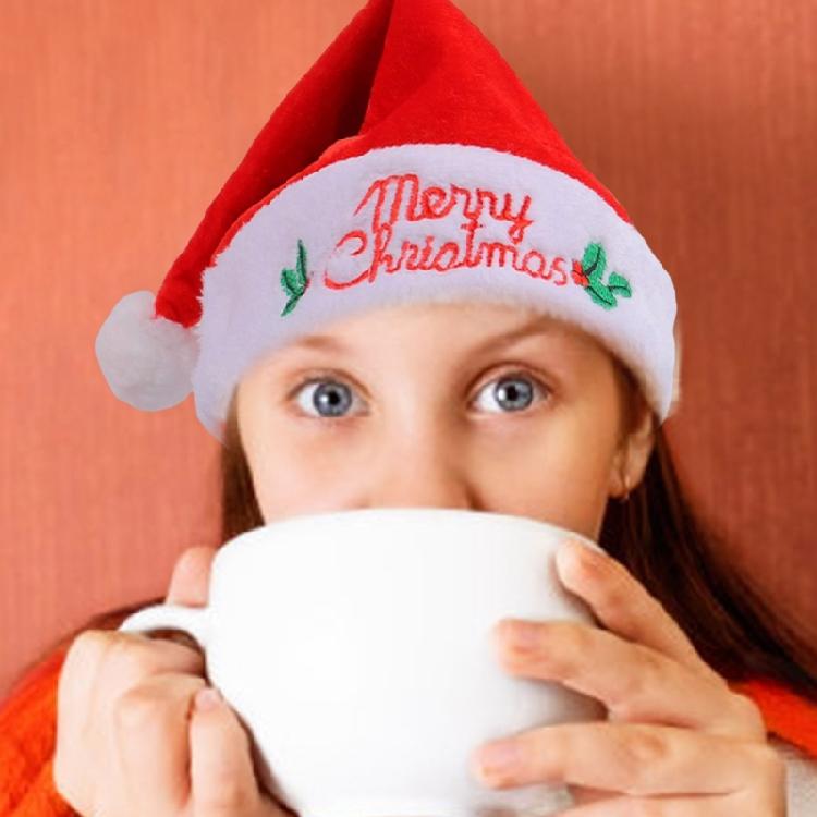 Plush Christmas Santa Hat with Embroidery Brim for Holiday Parties Giving Love