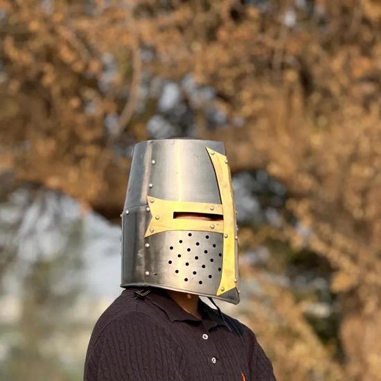 Templar Grey Crusader Knight Helmet Medieval Great Helm, Larp And Cosplay Helmet ,Handmade Steel  Brass Helmet