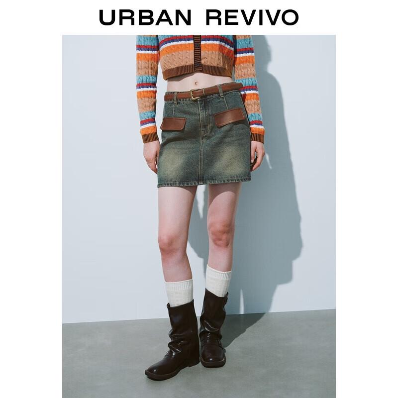UR Women s Retro Belt Patch Pocket Washed Denim Mini Skirt S
