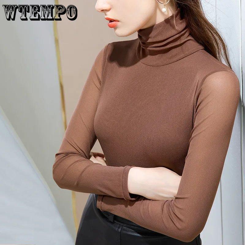 WTEMPO Lady Spring and Autumn Stretchy Mesh High Collar T-Shirts Bottoming Shirts Women's Long Sleeve Solid Slim Thin Basic Tops