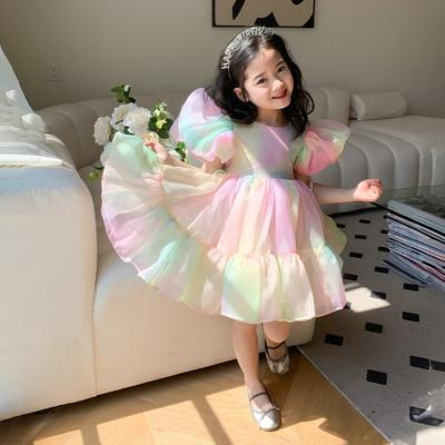 Dívčí šaty s nabíraným rukávem Gáza Nadýchané princeznovské šaty s mašlí Barevné dětské šaty