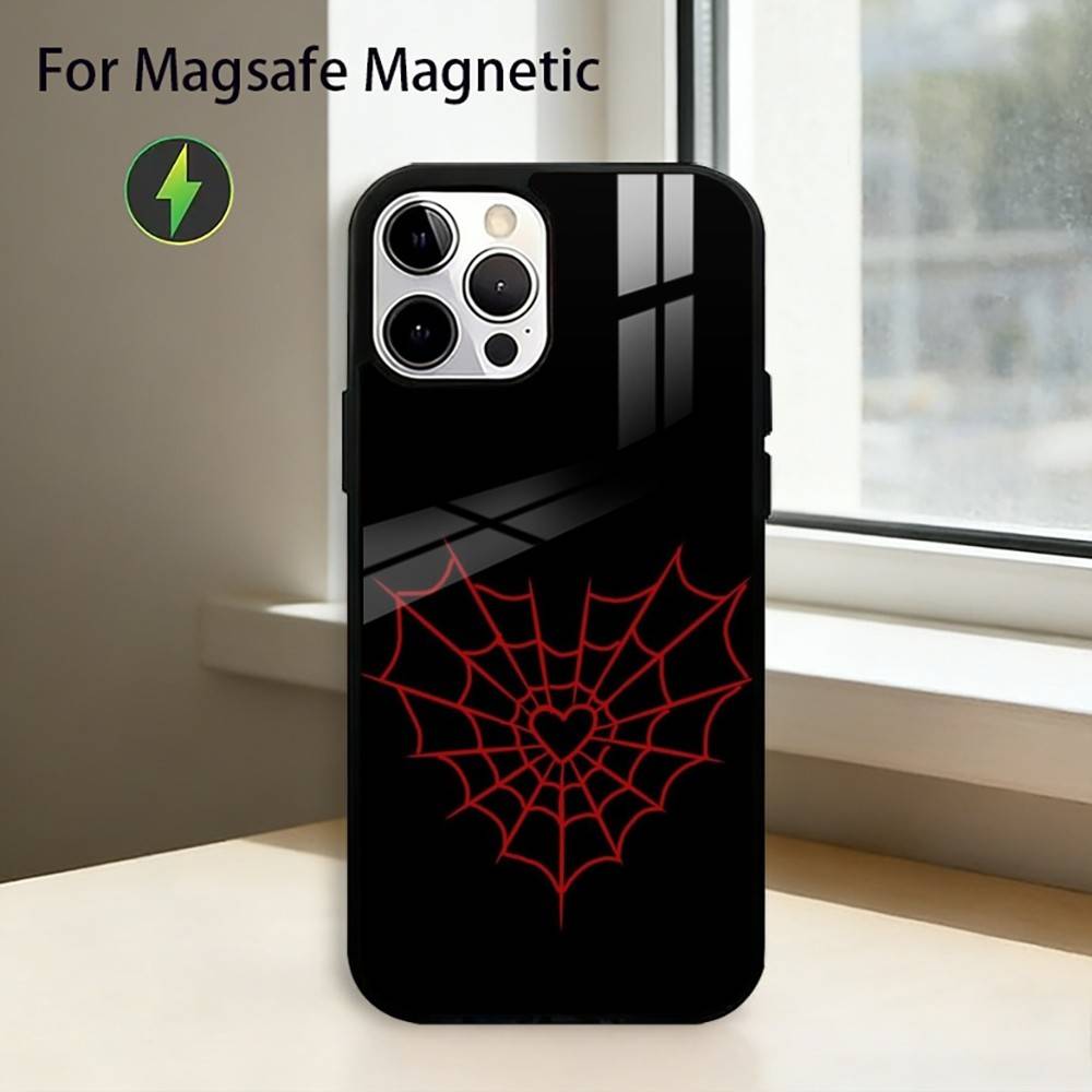 

Cool Spider Web H-Heart Phone Case For iPhone17,16,15,14,13,12,11 Plus,Pro Magnetic with Magsafe Wireless Charging iPhone12PRO