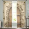 Braune Holztür Stein Ziegel Retro durchsichtige Fenstervorhänge für Wohnzimmer Küche Kinder Schlafzimmer Tüll Voile Hängevorhang