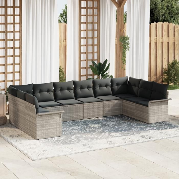 Ensemble de 10 pièces de canapé de jardin avec coussins gris clair poly rotin, Canapé de jardin 2 places avec rangement 3354211