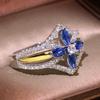 High Quality Blue Crystal Horse Eye Zircon Cross Flower Women Ring European and American Gold-plated Two-tone Ring Jewelry Gift