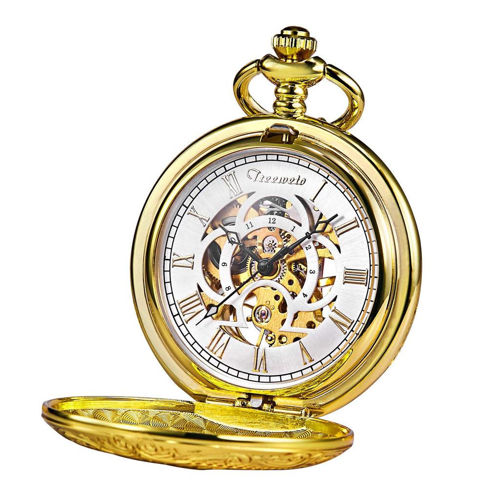 TREEWETO Mechanical Hand-Wind Pocket Watch Roman Numerals Skeleton Gold with Chain