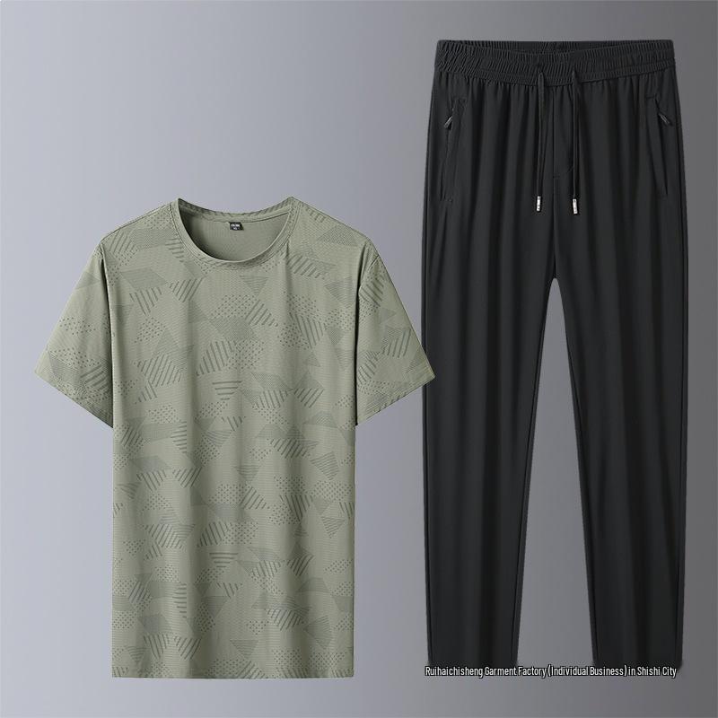 2026 Summer Ice Silk Quick-Dry Sports Casual Set: Round Neck T-Shirt & Straight Leg Pants