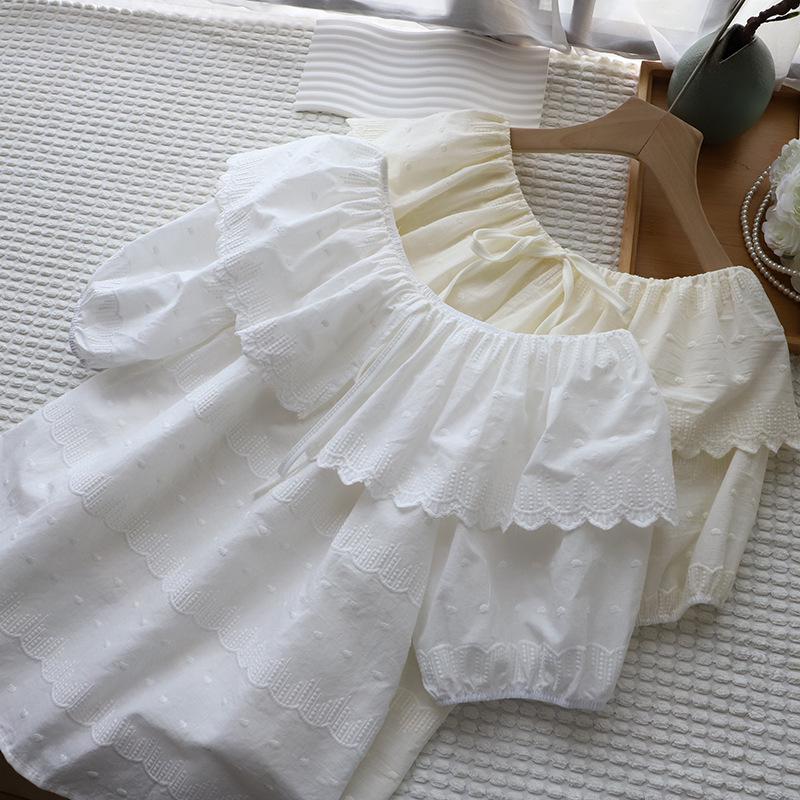 2025 Summer Korean Sweet Ruffle Tie-Up Bubble Sleeve Women's Top