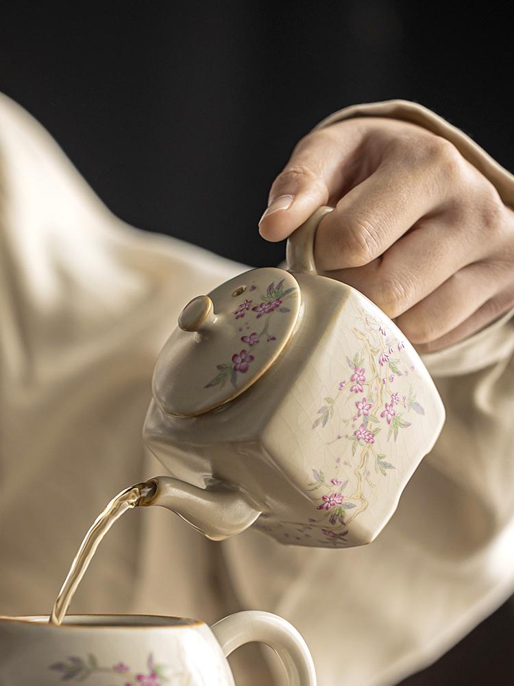 175ML Beige Ru Kiln Peach Blossom Branch Hanfang Teapot High-end Teapot Kungfu Tea Set Opening Can Raise Tea Maker Tea Ceremony