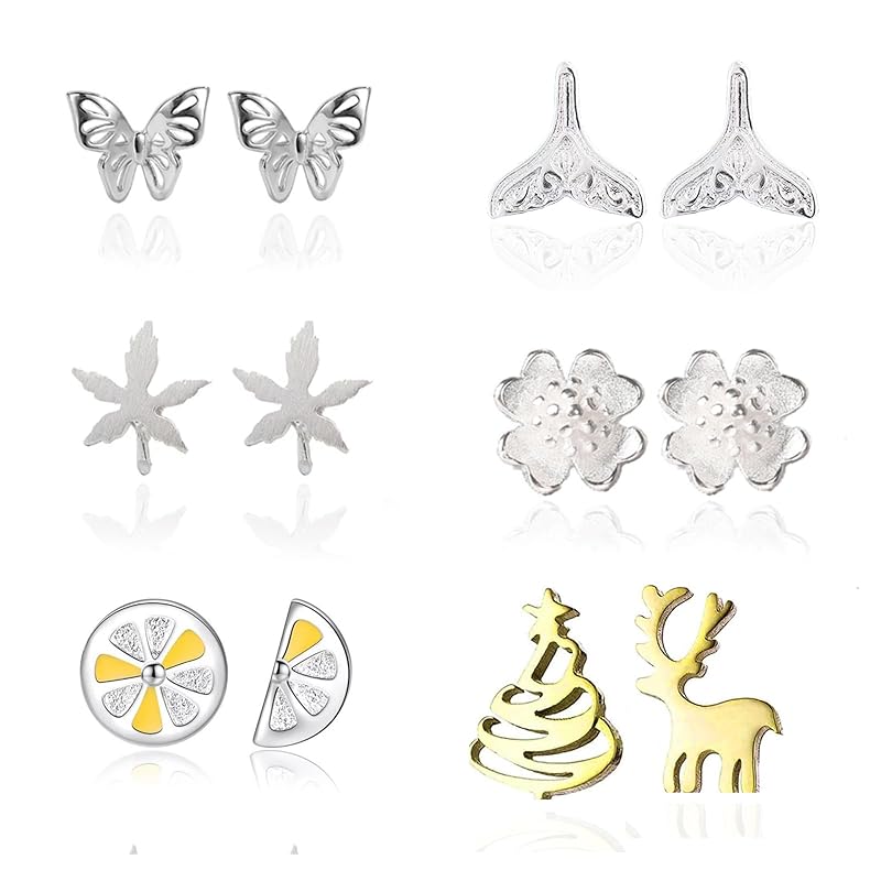 

earrings set small pair Popularity Compatible with metal allergies Leave it on 925 silver Various piercing types cute 6 pairs Fashionable woman