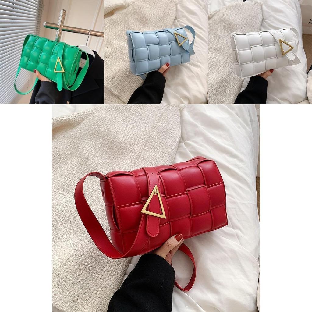 Classy Plaid Pu Leather Women Shoulder Bag Woven Soft Square Hand Chain Bag Gift