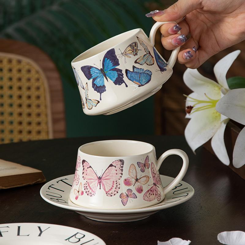 High Value Butterfly Coffee Cup Saucer Set Ceramic Mug Girl Drinking Water Cup Luxurious High End Souvenir