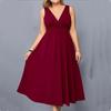 Women's Sleeveless V Neck A Line Dress with Waist Cinch Midi Length Casual Summer Dress