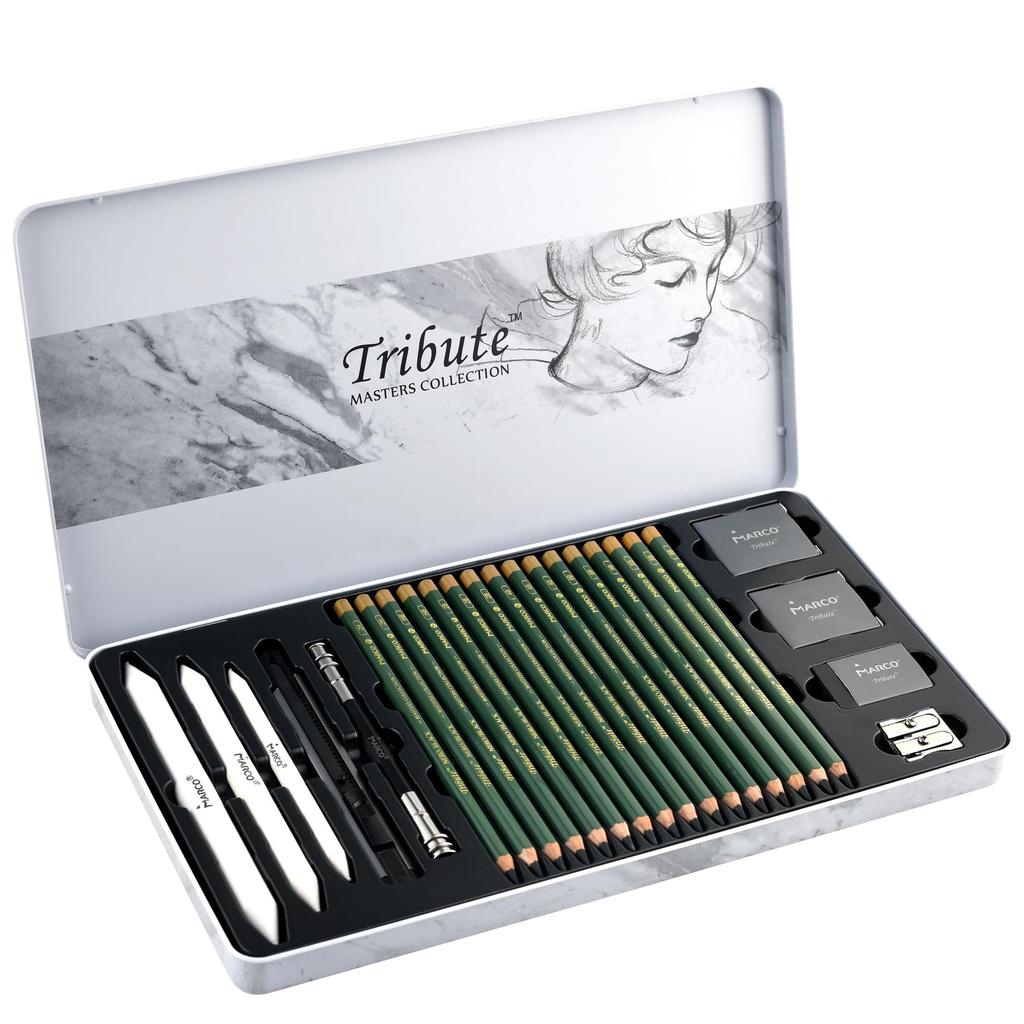 MARCO Sketch Pencil 25 Model 3302 For Art and with Iron Box Storage 16 Dark Charcoal Black Lead Drawing 3 Paper 2 Plastic 1 Regular 1 1 and Pencil