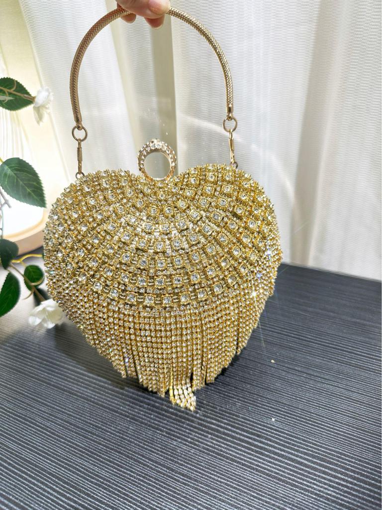 European & American Fashion Rhinestone Heart Handbag - Women's Tassel Evening Bag