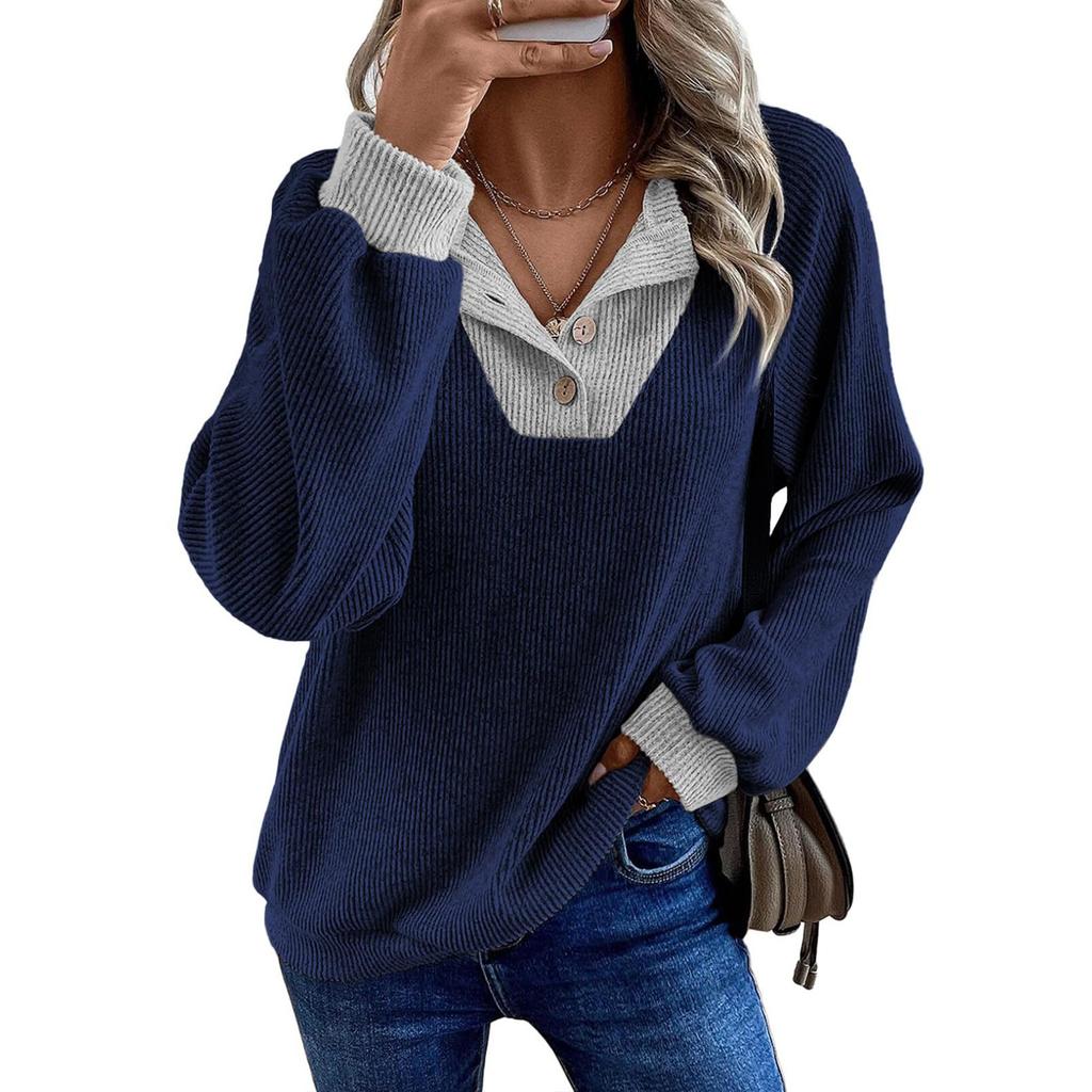 Women's Pullover Lapel Sweatshirt Fashionable Stitching Contrast Color Top