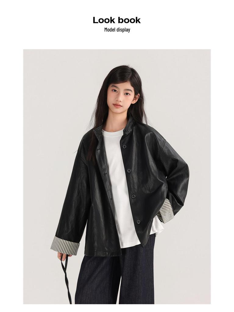 Tao Town Girls' Leather Lapel Jacket - Spring/Autumn Fashion for Big Kids
