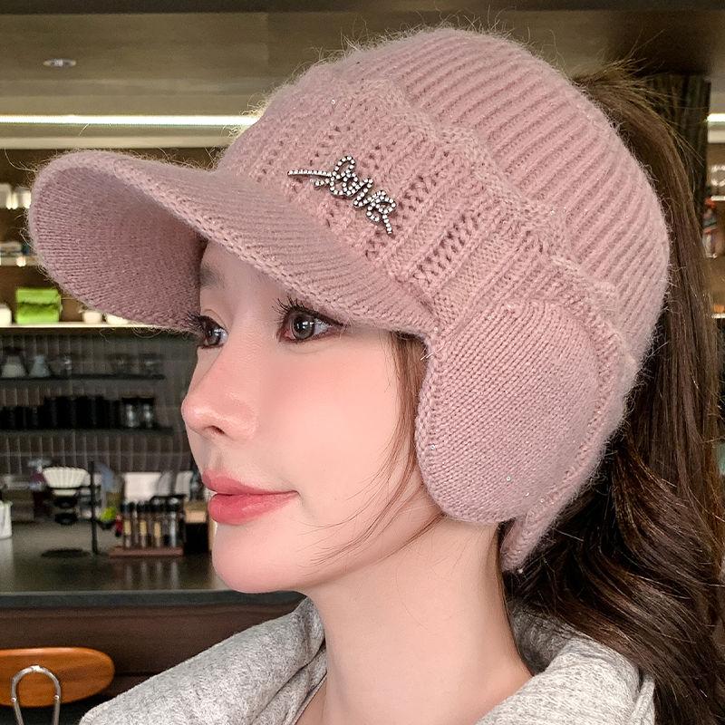 Autumn Winter Knitted Wool Hat - Thickened Warm Visor Cap, Outdoor Cycling Ear Protection, Women's Empty Top Baseball Cap