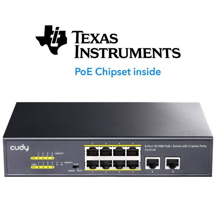 Cudy FS1010P Switch 10-100M PoE+ 10 Ports, 120 W, 8 * 10-100Mbps PoE+ Ports, Mode CCTV-VLAN, 802.3af- 802.3at