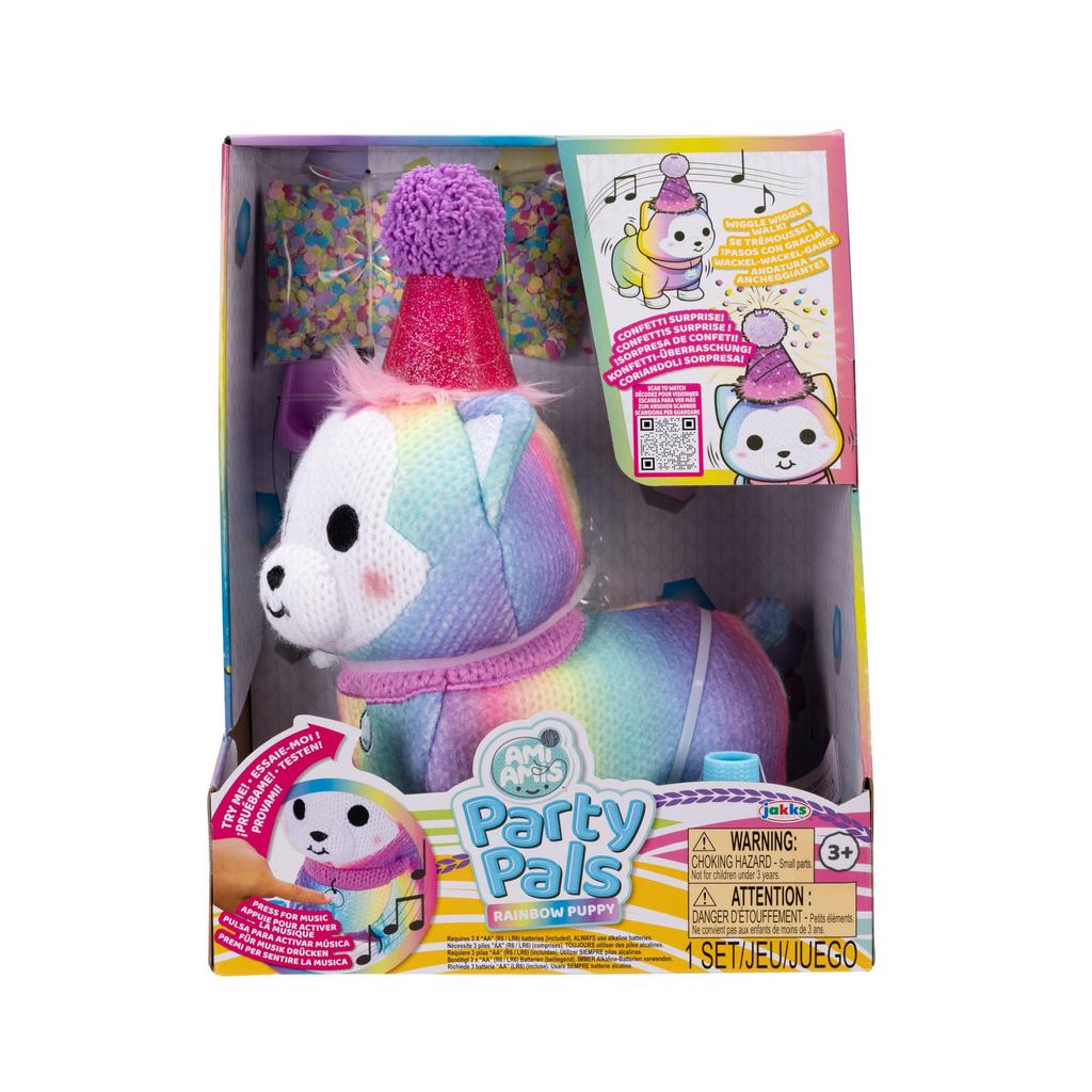 Ami Amis Rainbow Party Pals, Ultimate Festive Fun Plush Toy with Wiggle Walk, Music & Horns, and Confetti Surprise, 10.75"