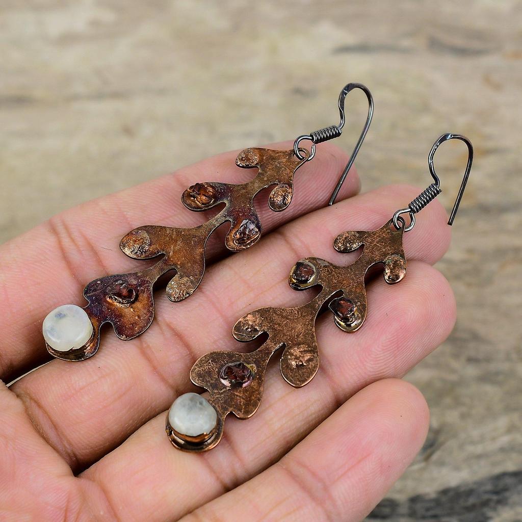 Rainbow Moonstone Earrings Electroformed Copper Earrings Pink Tourmaline Rough Earring Real Gemstone Jewelry Gift For Women Handmade Earring