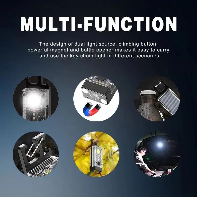 COB Keychain Work Light with Dual Light Source Rechargeable Solar Powered 9 Mode Magnet Base for Camping Fishing Repair Walk