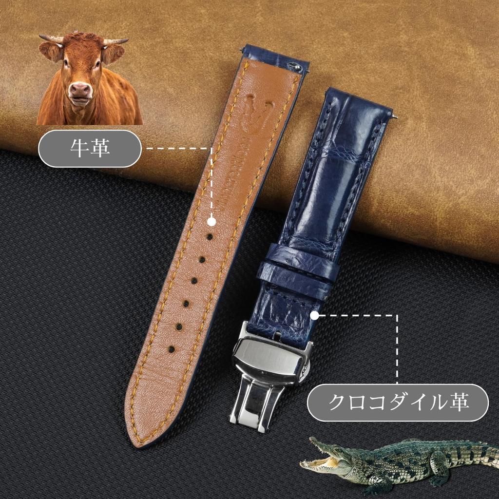 [vinacreations] 20mm Navy Blue Crocodile Watch Strap with D-Buckle, Men's Crocodile Replacement Watch Band with Quick Release Spring Bar, Silver Wrist
