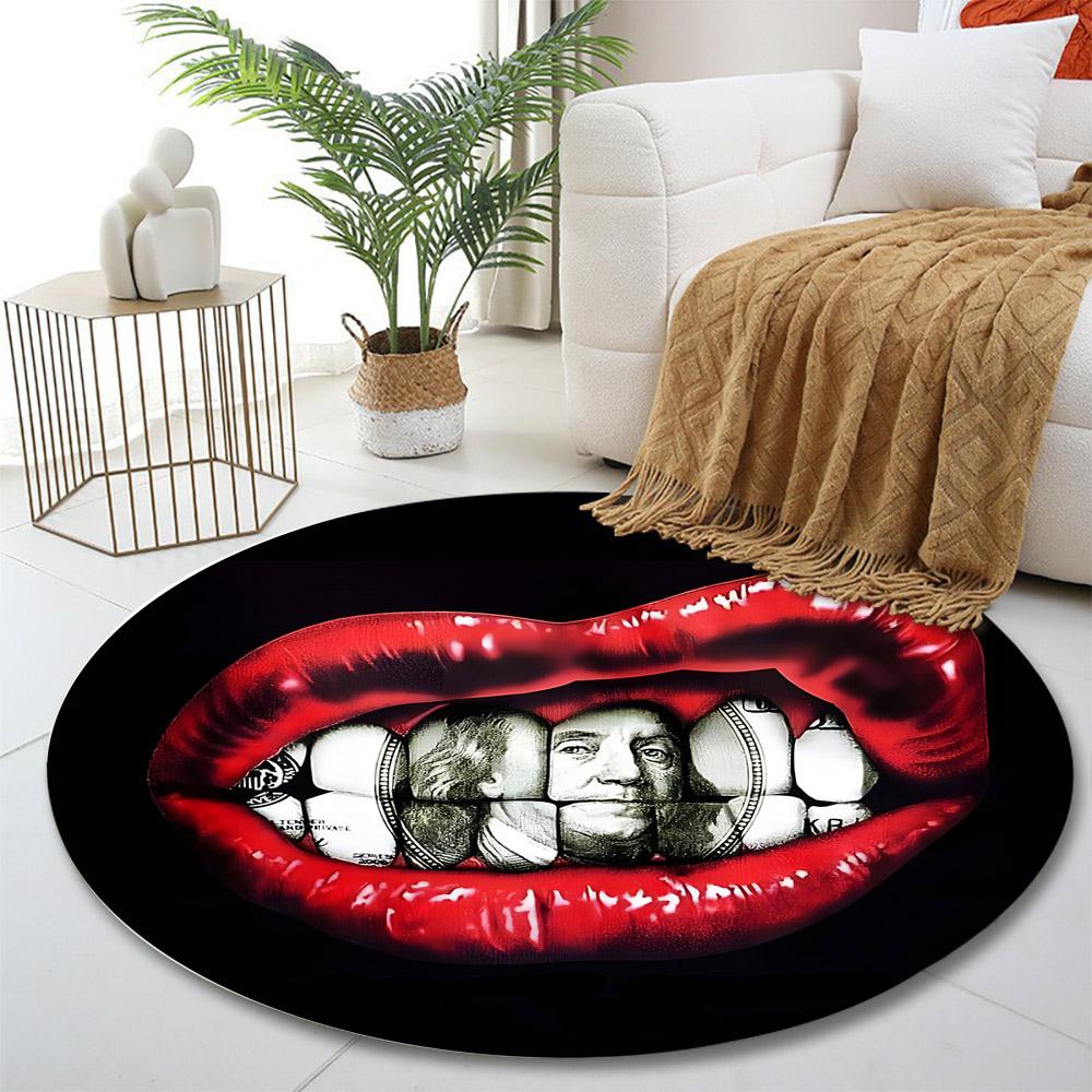 Red Lips with Dollar Bill Teeth Print round rug, living room, bedroom, playroom carpet, non slip floor mat, gift