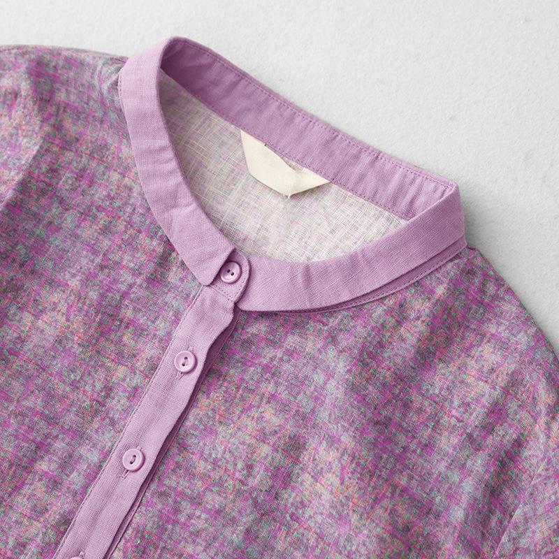 2025 summer new temperament cotton and linen dress women's medium and small lapel five-quarter sleeve printed medium and long dress