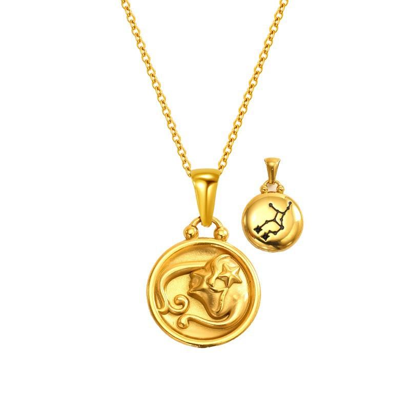 Gold Titanium Steel Round Double-Sided Wearing 12 Constellation Necklace Women'S Light Luxury Collarbone Chain Pendant