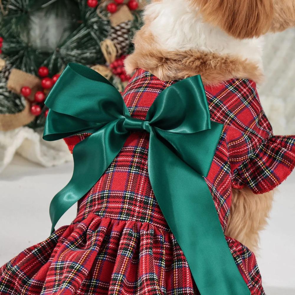 Dog Dress Pet Classic Plaid Skirt Kittens Puppies Dress Cute Little Flying Sleeves Bow Party Princess Dress New Year's Christmas