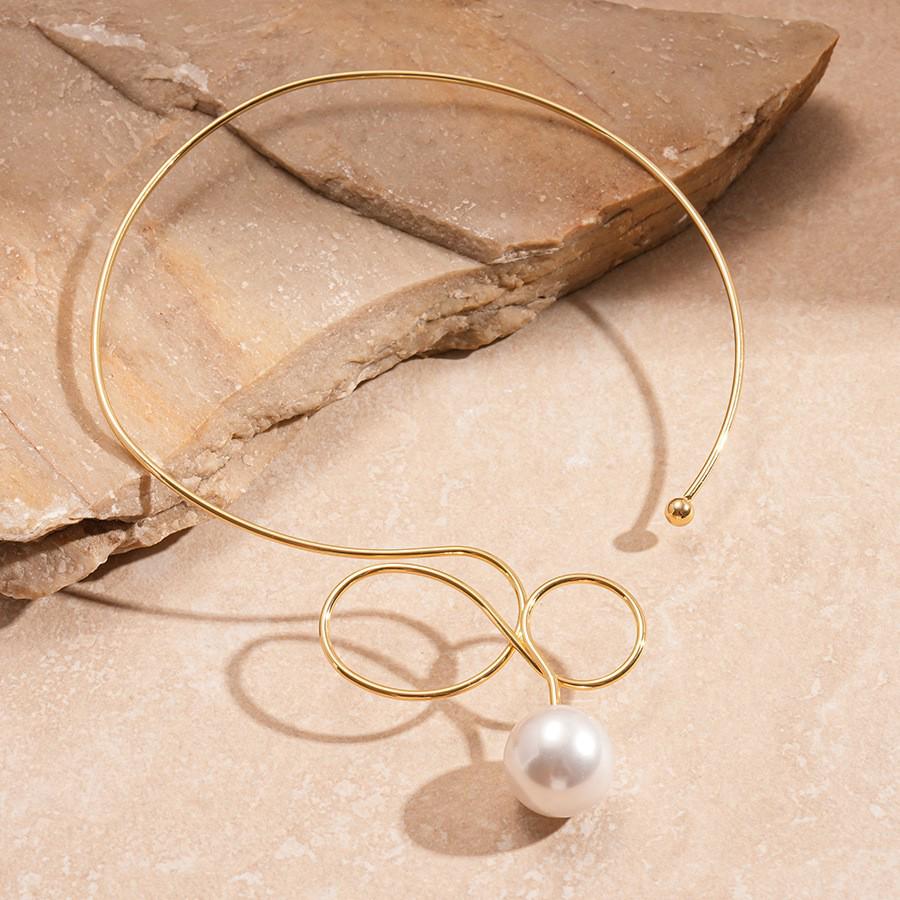 Europäische & Amerikanische Geometrische Faux-Perlen Metallisch Verdrehter Choker - Minimalistische High-End-Halskette für Frauen