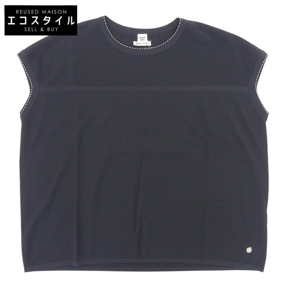 HERMES Wool stitch French sleeve knit top for women, navy, size 36 tops 36 NavyUsed