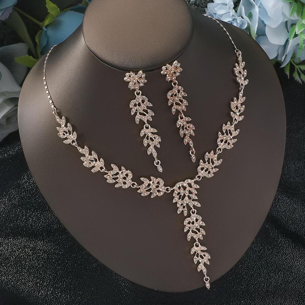 2025 Rhinestone Wheat Ear Necklace & Earrings Bridal Wedding Jewelry Set